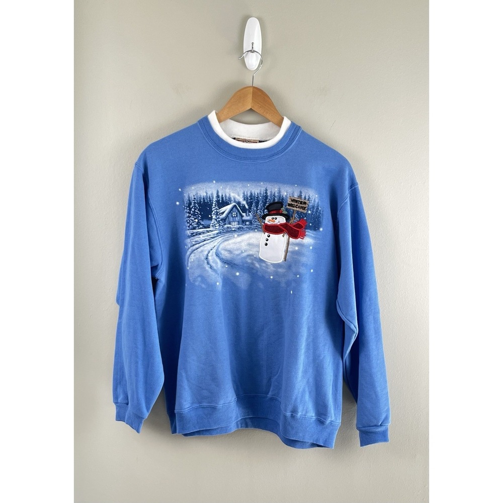 Top Stitch by Morning Sun Vtg Crew Neck Snowman Sweatshirt Blue Sz Lg